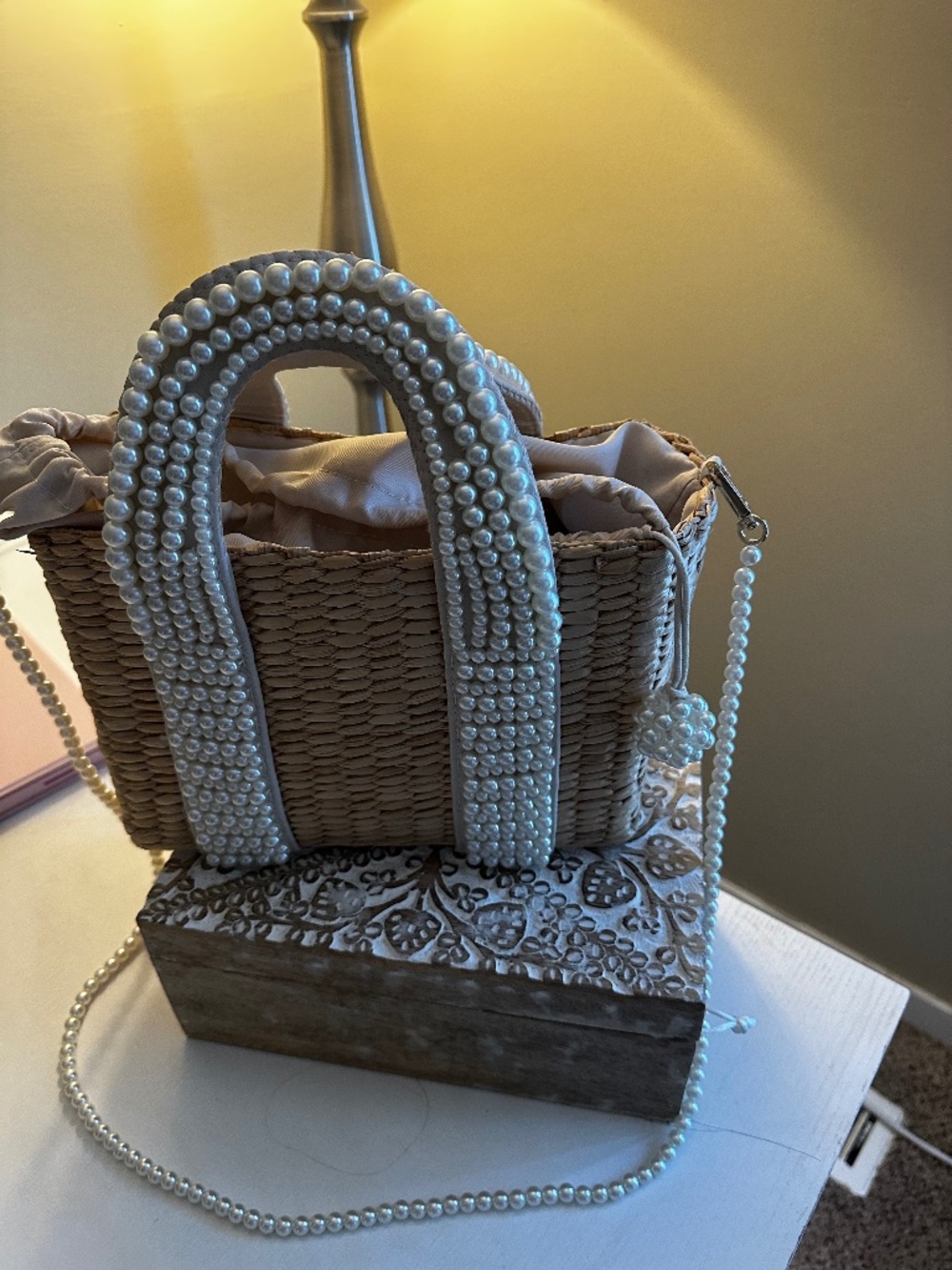 straw tote with pearls